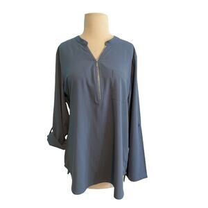 Large Furnex Blue 1/4 zip Tunic Blouse Roll Tab Sleeve